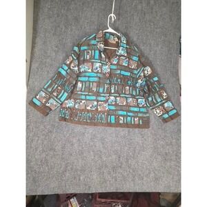 Life Style Woman Brown Turquoise‎ Patchwork Artsy Button Front Jacket Plus 3X